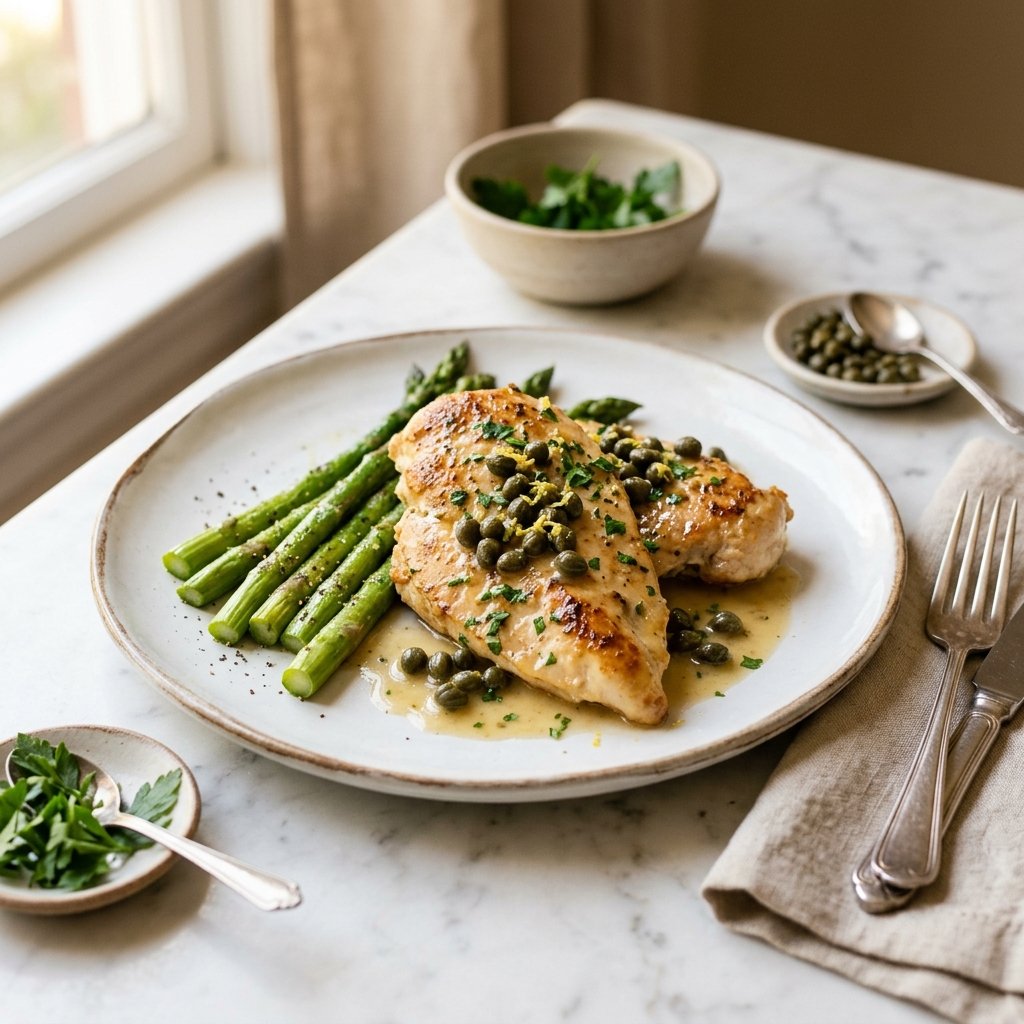 A plate of sautéed chicken piccata with capers and asparagus on a white marble surface.