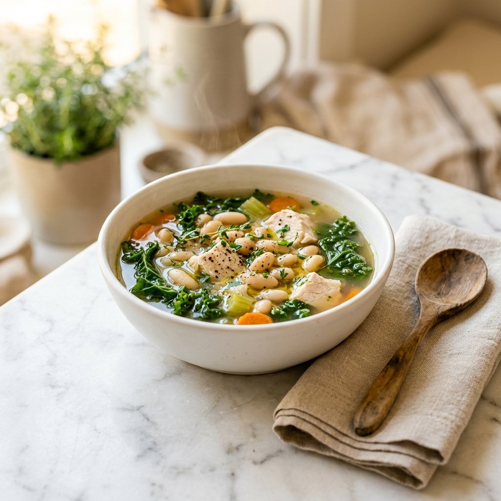 A bowl of chicken, white bean, and kale soup on a white marble surface with a wooden spoon and a linen napkin nearby.