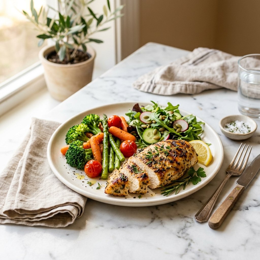 A plated chicken dish with fresh herbs and vegetables on a white marble surface, lit by warm natural light.