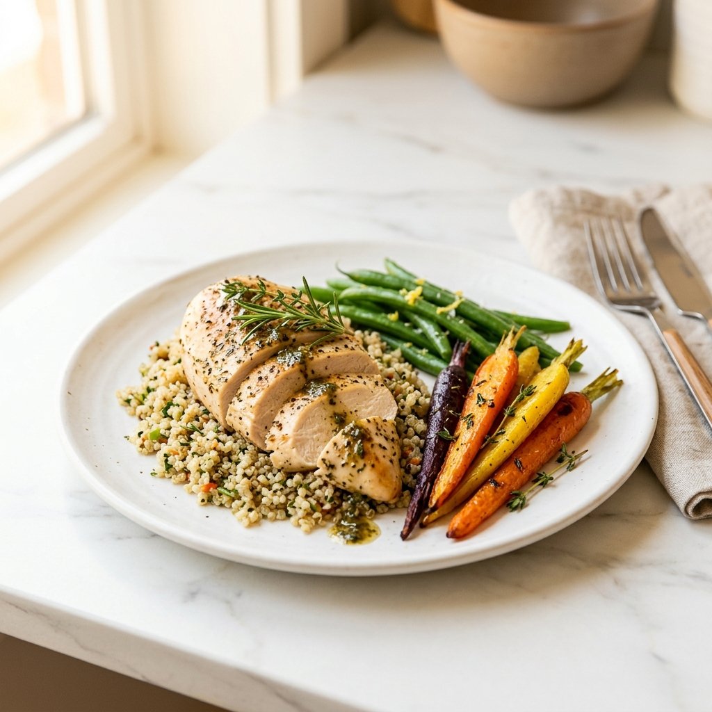 A plated chicken breast meal with roasted vegetables and quinoa on a white plate set on a marble surface.
