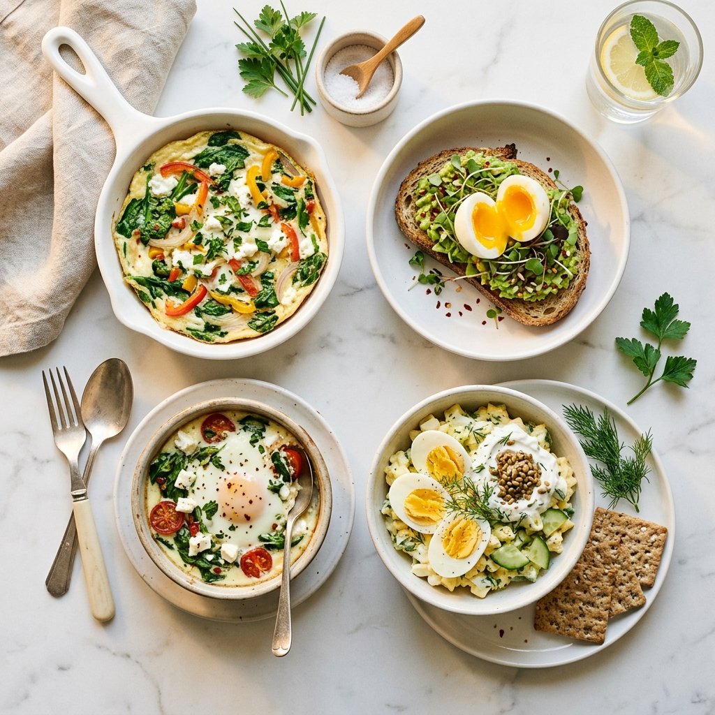 A selection of high-protein egg dishes arranged on a white marble surface, including an omelette, soft-boiled egg with avocado toast, baked eggs with spinach, and egg salad, presented with minimal props.