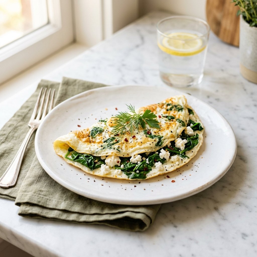 A plate with a spinach and feta egg white omelette on a white marble surface, accompanied by a linen napkin and a glass of water with lemon.