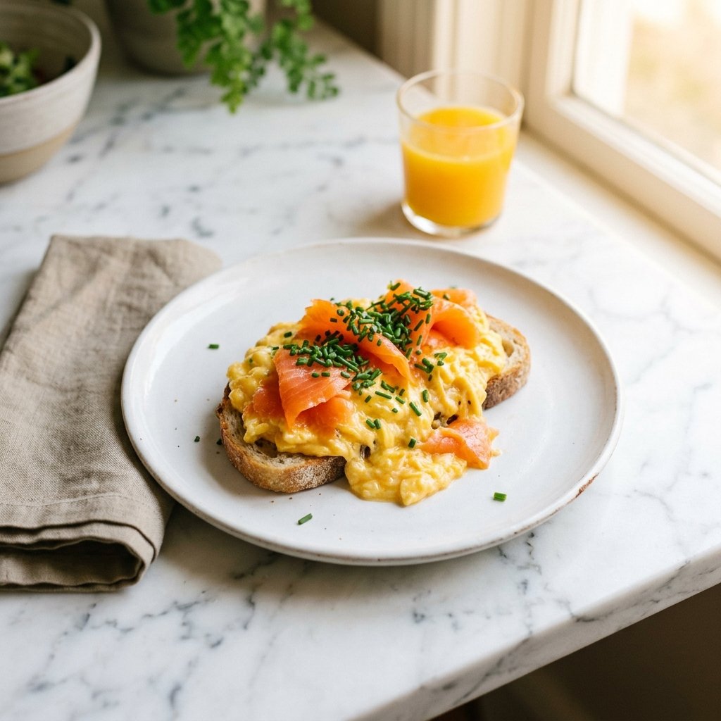 A plate of smoked salmon scrambled eggs garnished with chives on a white marble surface with a linen napkin and a glass of orange juice nearby.
