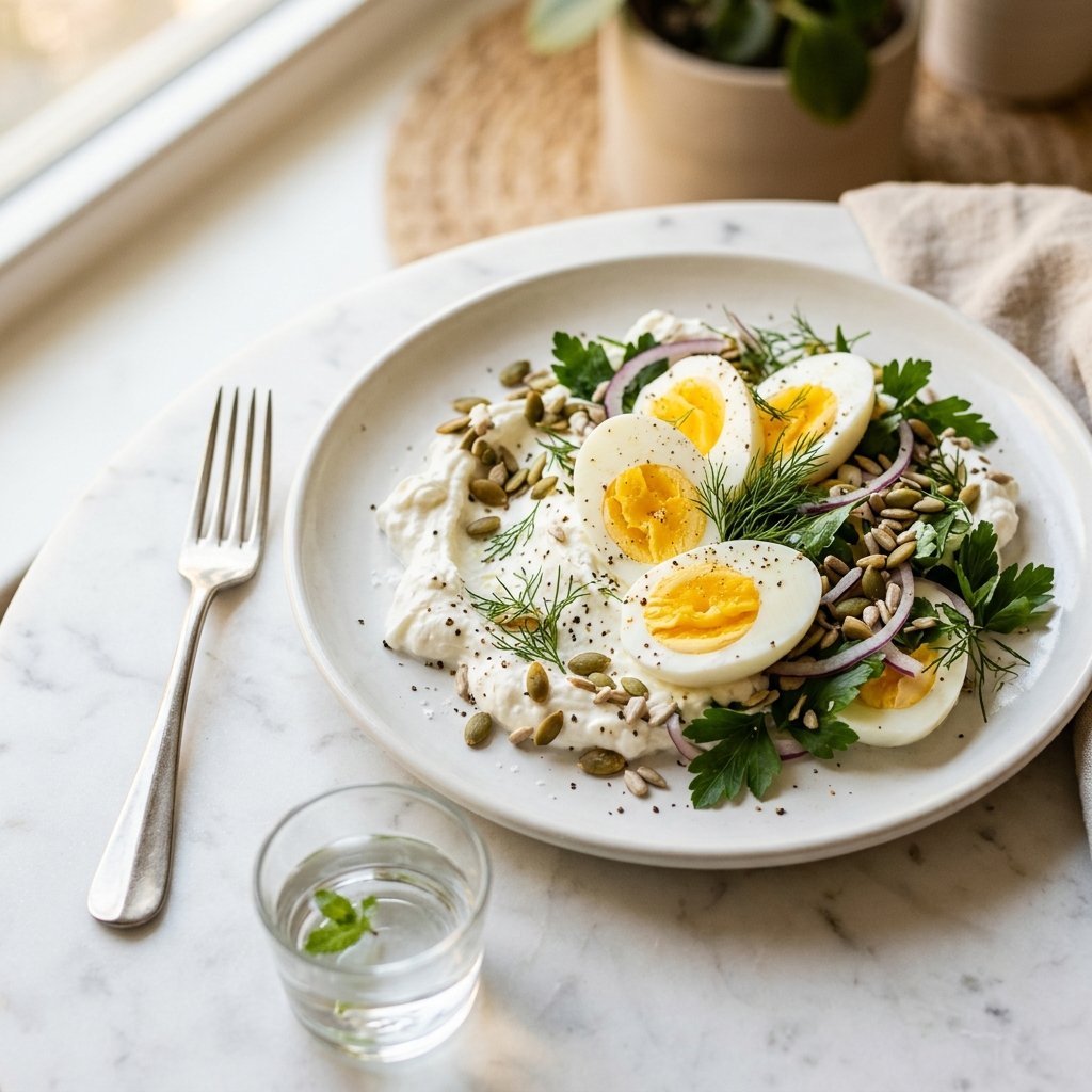 A plate of Greek yogurt and hard-boiled egg salad on a white marble surface with a fork and glass of water nearby.