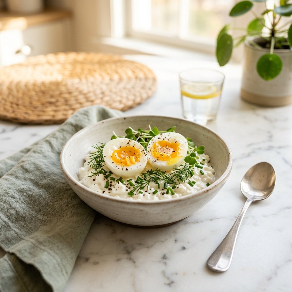 A bowl of overnight cottage cheese and soft eggs garnished with herbs on a white marble surface, accompanied by a spoon and a linen napkin.