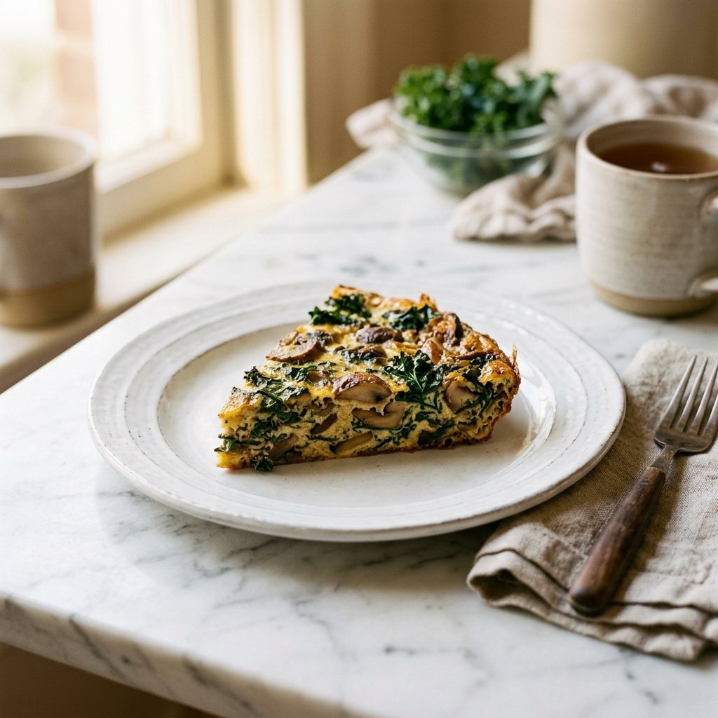A plate with a golden brown mushroom, kale, and egg frittata on a white marble surface with a wooden fork beside it.