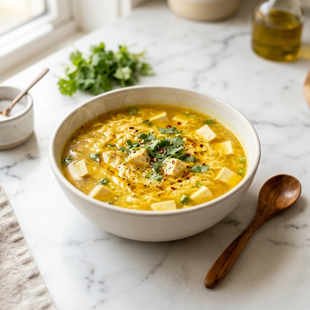 A bowl of turmeric egg drop soup with tofu on a white marble surface, lit by warm natural light, with minimal props and simple plating.