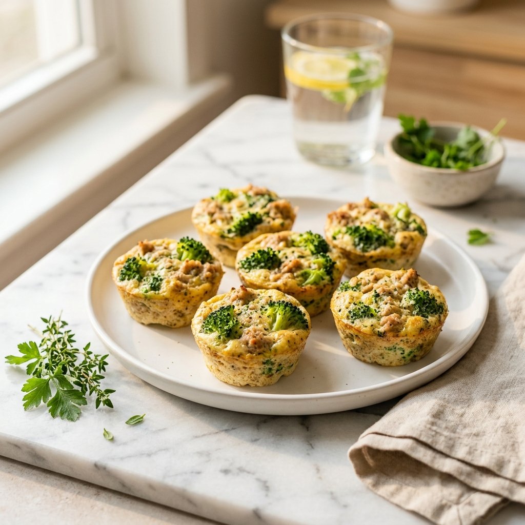 A plate of egg muffins with broccoli and lean turkey on a white marble surface.