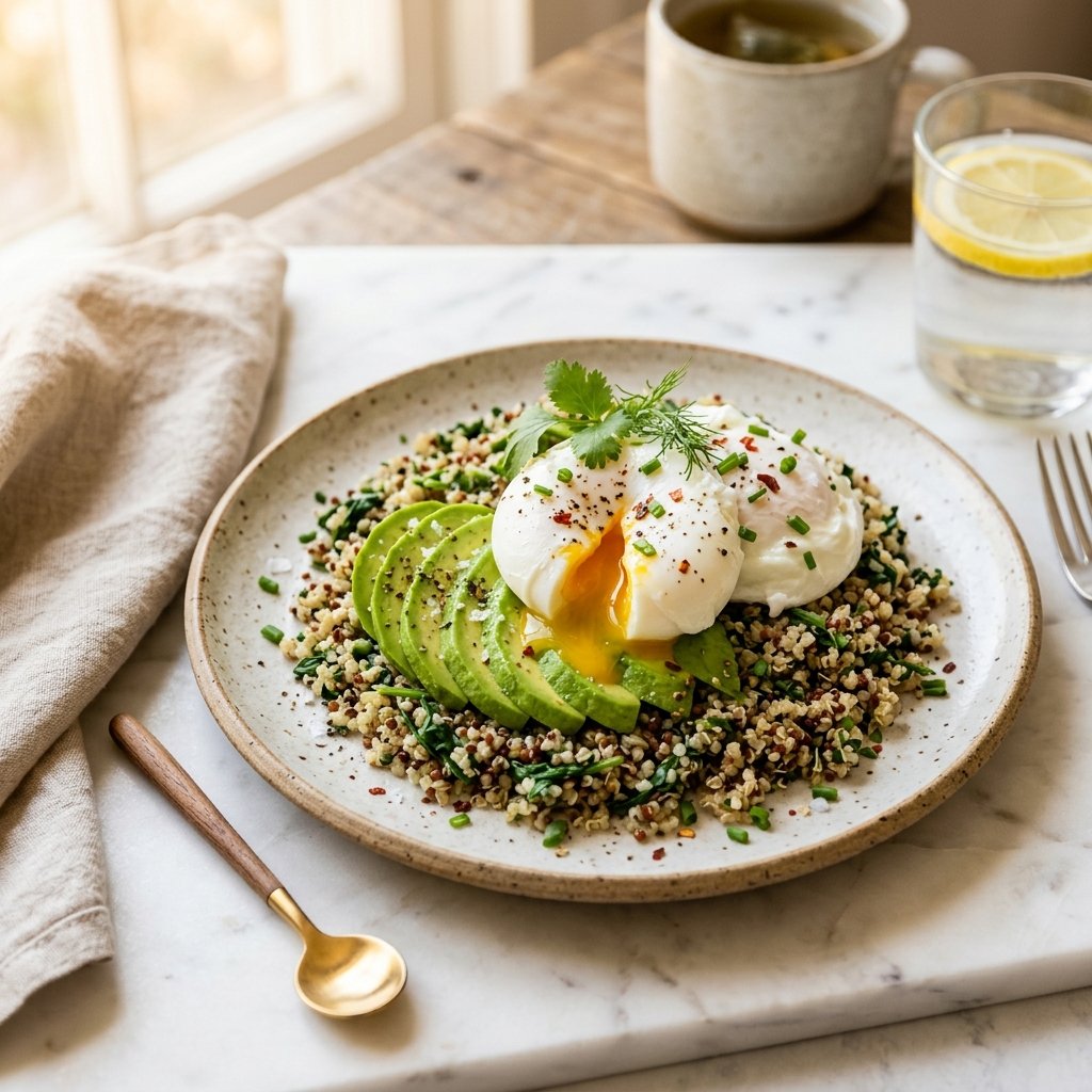 A plate with poached eggs on quinoa and sliced avocado on a white marble surface.