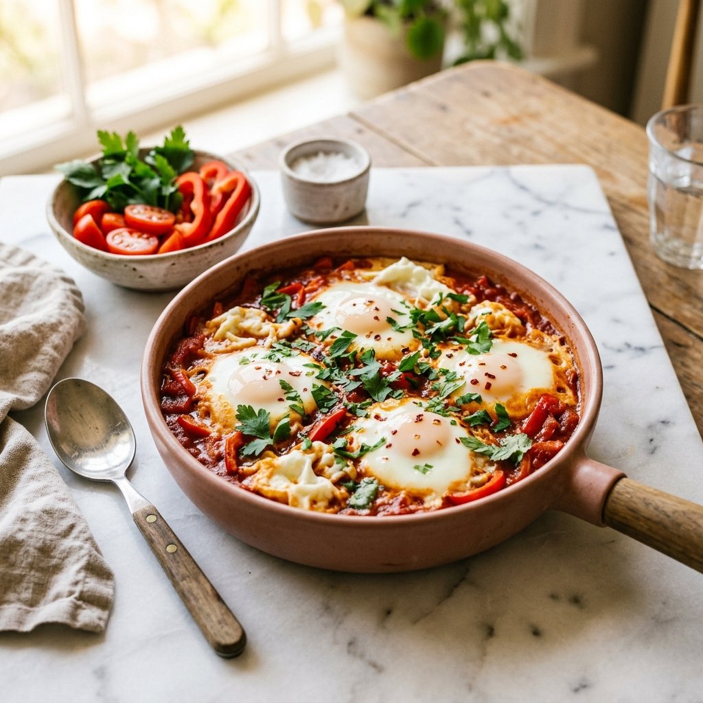 A plate of shakshuka with extra egg whites on a white marble surface, garnished with fresh herbs and accompanied by minimal props.