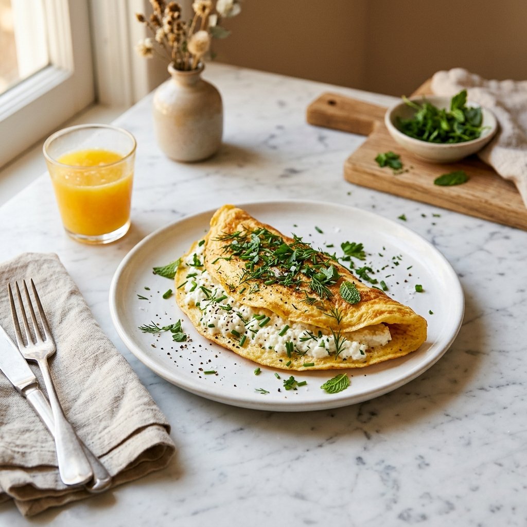 A plate with a cottage cheese-stuffed omelette garnished with fresh herbs on a white marble surface, accompanied by a glass of orange juice.