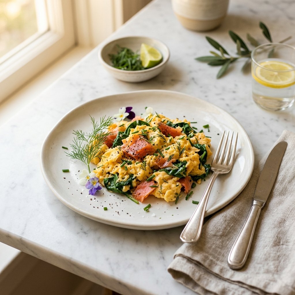 A plated high-protein egg dish on a white marble surface with natural light highlighting the food and minimal garnish.