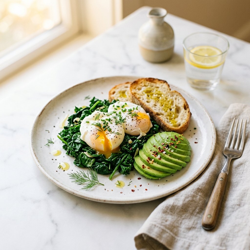 A plated high-protein egg dish with greens and avocado on a white marble surface, illuminated by warm natural light.