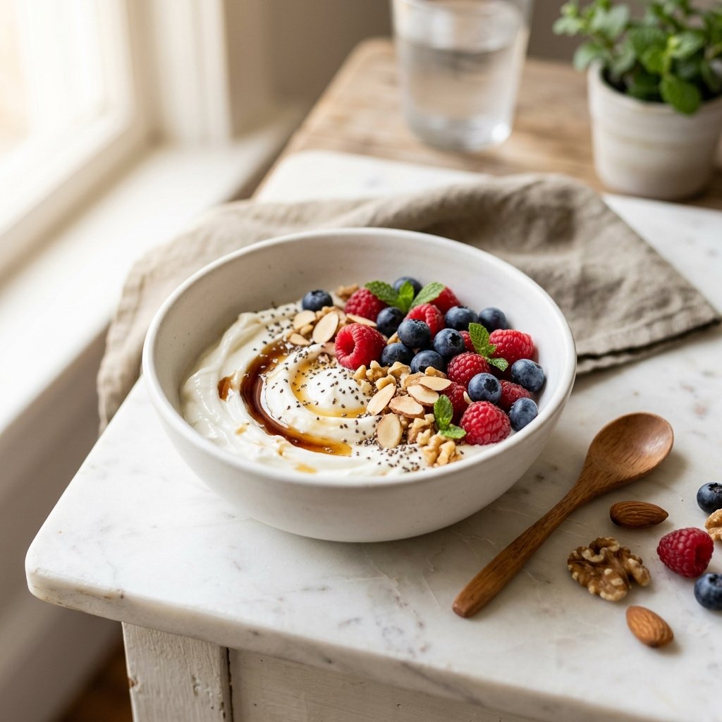 A bowl of Greek yogurt topped with fresh berries and nuts on a white marble surface with a wooden spoon nearby.