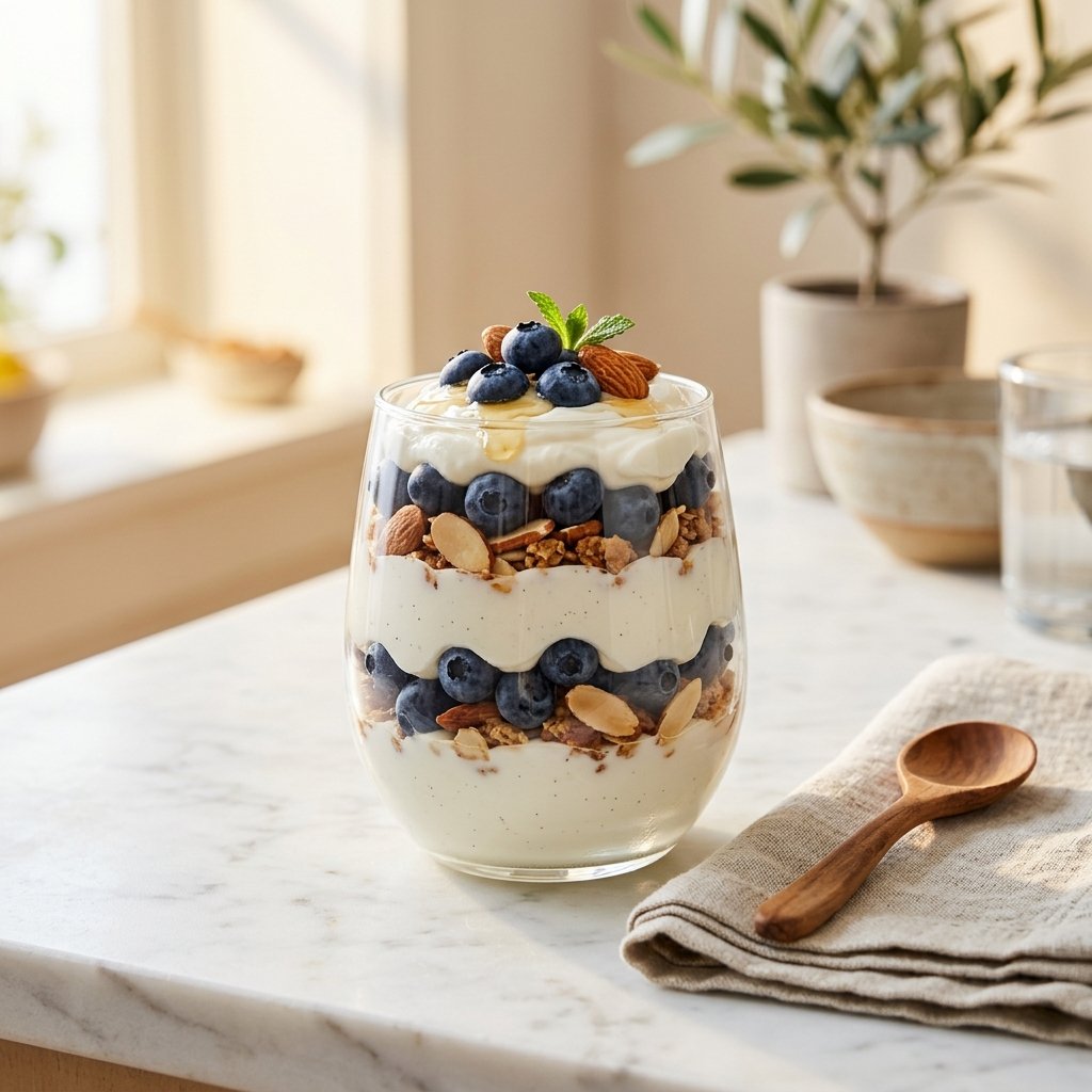 A glass parfait with layers of Greek yogurt, blueberries, and almonds on a white marble surface with a wooden spoon nearby.