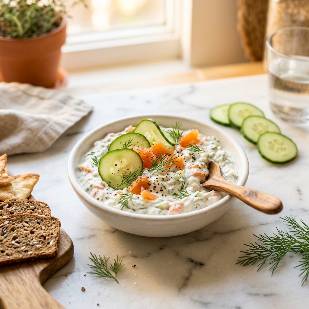 A bowl of smoked salmon, cucumber, and dill Greek yogurt dip on a white marble surface with fresh dill and cucumber slices around it.