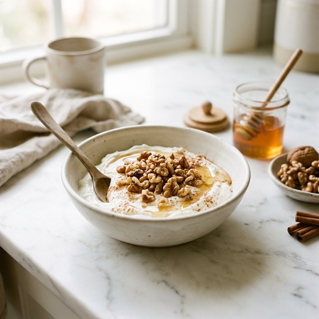 A bowl of Greek yogurt topped with walnuts, honey, and cinnamon on a white marble surface with a wooden spoon nearby.