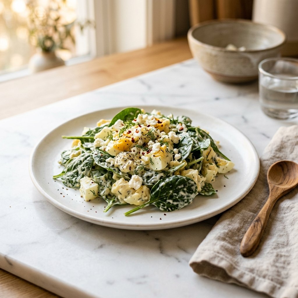 Plate of spinach, feta, and Greek yogurt egg salad on a white marble surface with a wooden spoon and linen napkin nearby.