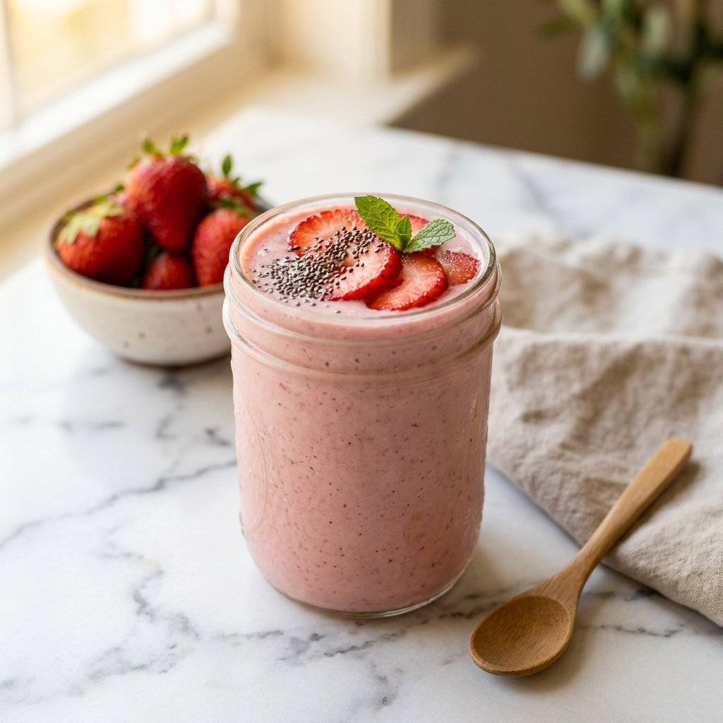 A glass jar filled with a pink strawberry chia seed Greek yogurt smoothie garnished with sliced strawberries and chia seeds, placed on a white marble surface with a wooden spoon and fresh strawberries nearby.