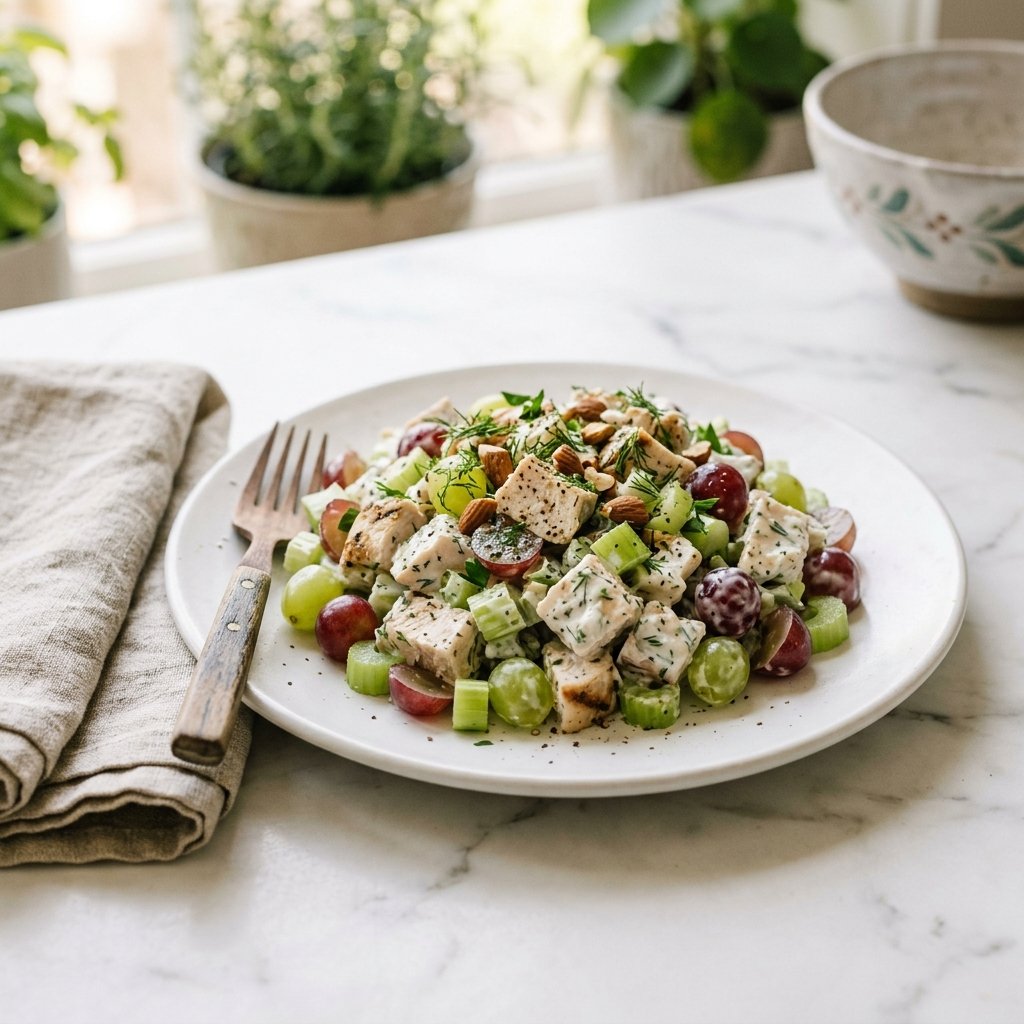 A plate of Greek yogurt chicken salad with grapes and celery on a white marble surface with natural light.