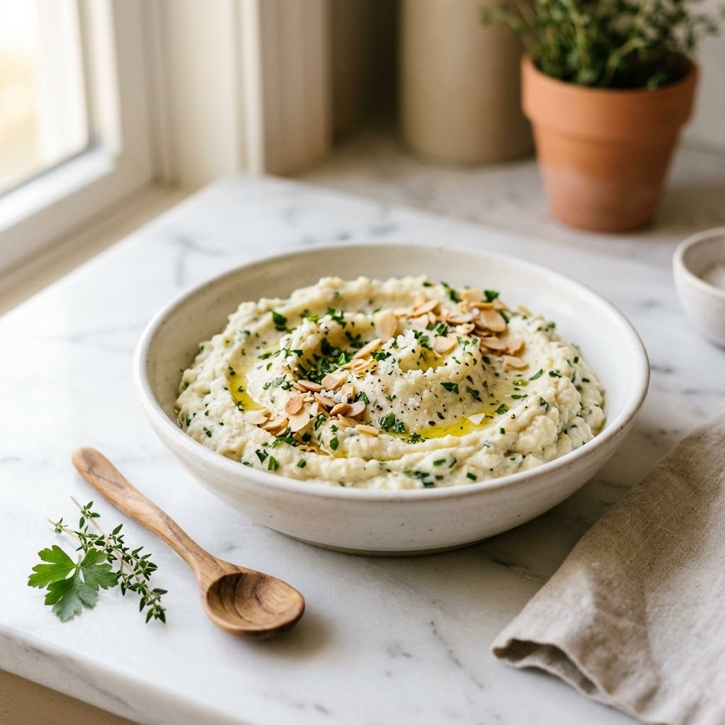 A plate of creamy mashed cauliflower mixed with herbs on a white marble surface, accompanied by a small wooden spoon and fresh herb sprig.