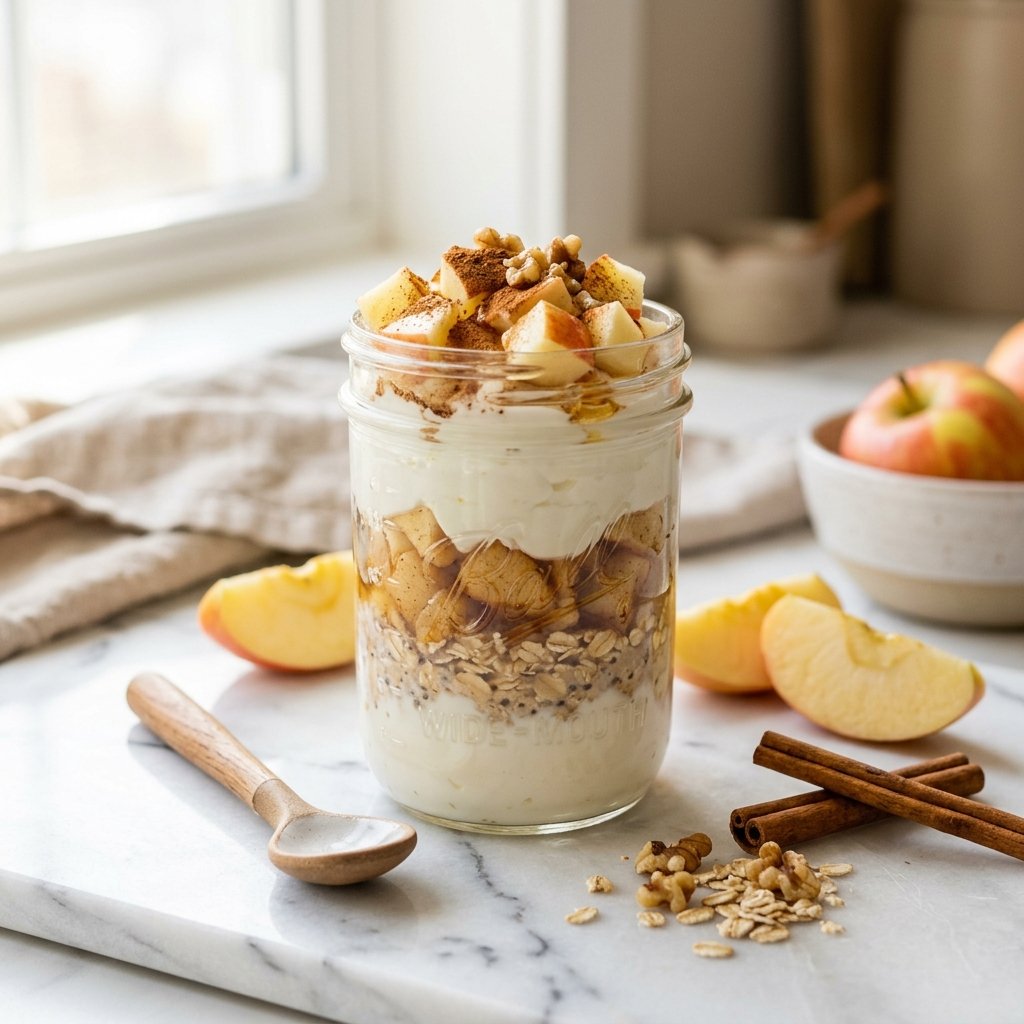 A glass jar filled with apple-cinnamon Greek yogurt overnight oats on a white marble surface, accompanied by a wooden spoon, cinnamon sticks, and apple slices.