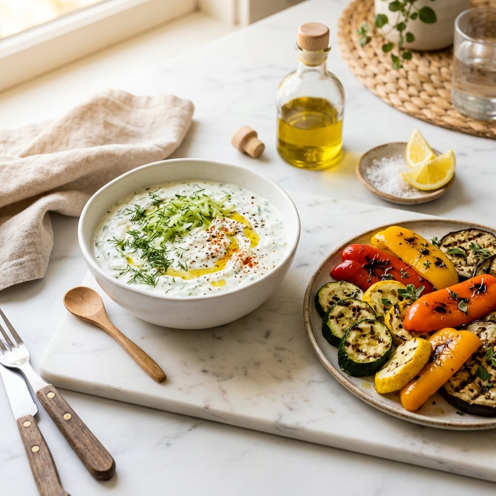 A bowl of Greek yogurt tzatziki served with grilled vegetables on a white marble surface.