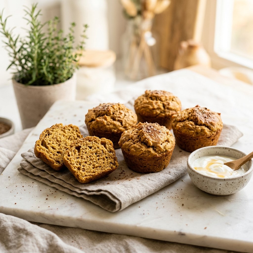 A plate of pumpkin-spice Greek yogurt protein muffins on a white marble surface with a small bowl of Greek yogurt nearby.