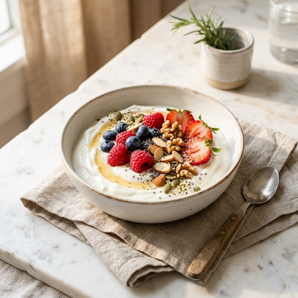 A bowl of Greek yogurt topped with fresh berries, honey, and nuts on a white marble surface with natural light.