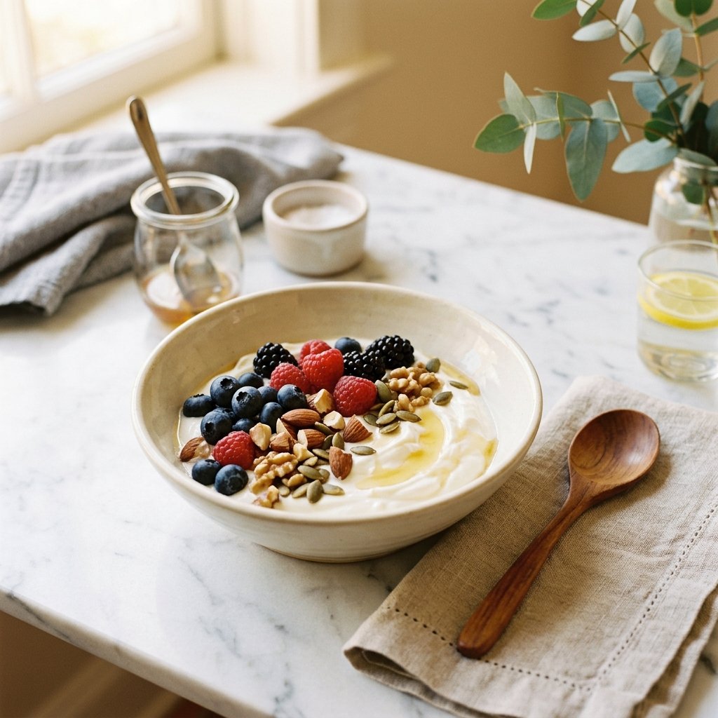 A plated Greek yogurt dish topped with fresh berries, nuts, and honey on a white marble surface with minimal props.