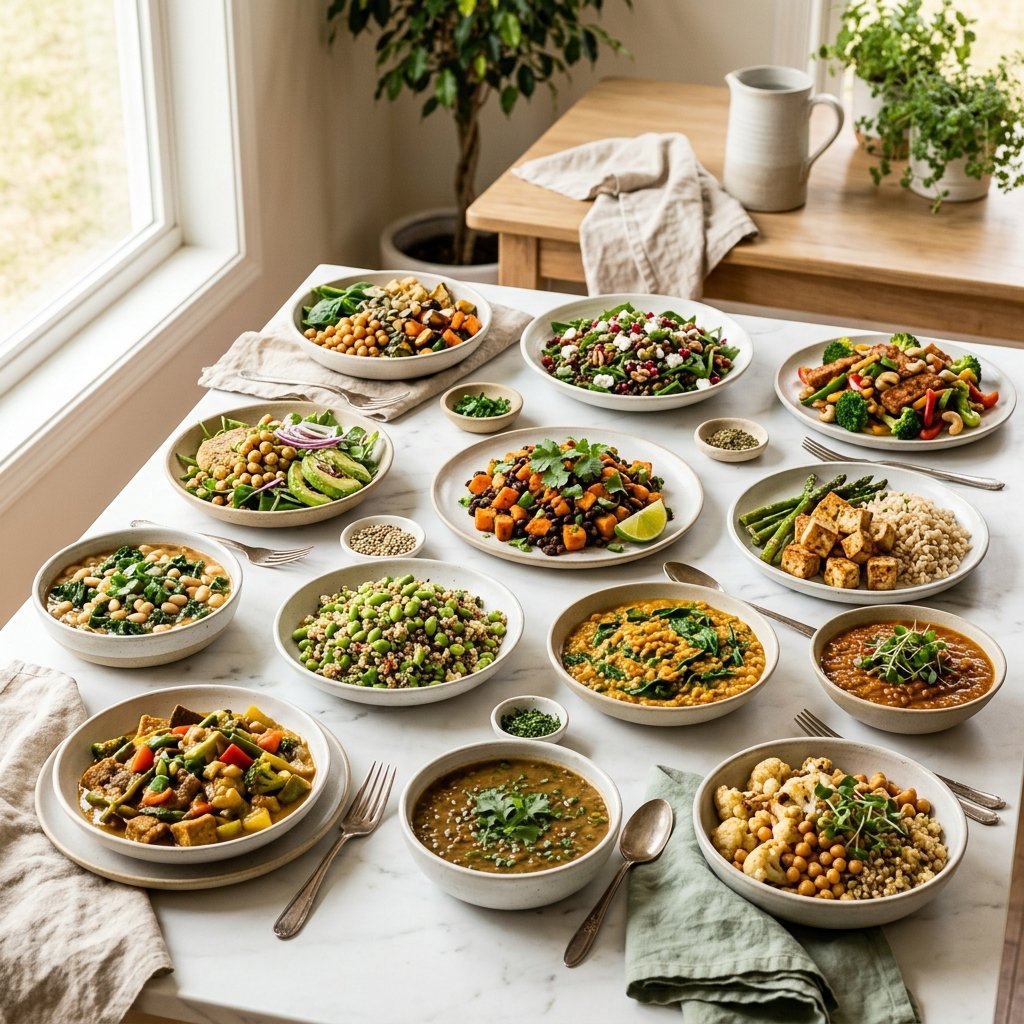 A variety of colorful plant-based dishes arranged on a white marble surface, featuring bowls and plates with vegetables, grains, and legumes.