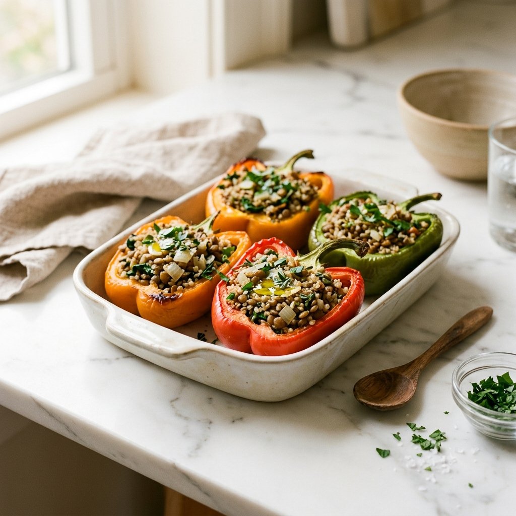 A close-up of lentil and quinoa stuffed bell peppers on a white marble surface with minimal props.