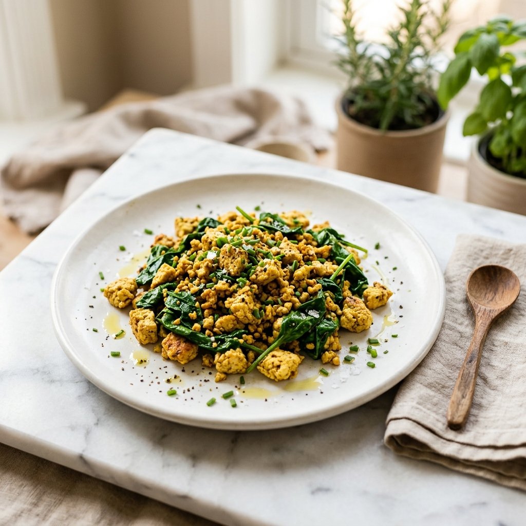 A plate of tofu and spinach scramble on a white marble surface with soft natural lighting.