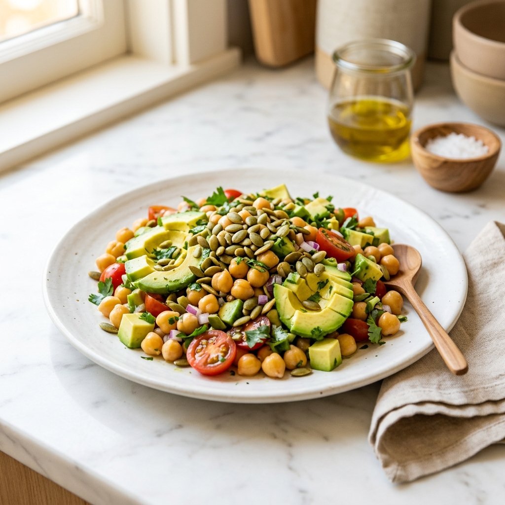A plated chickpea and avocado salad topped with pumpkin seeds on a white marble surface.