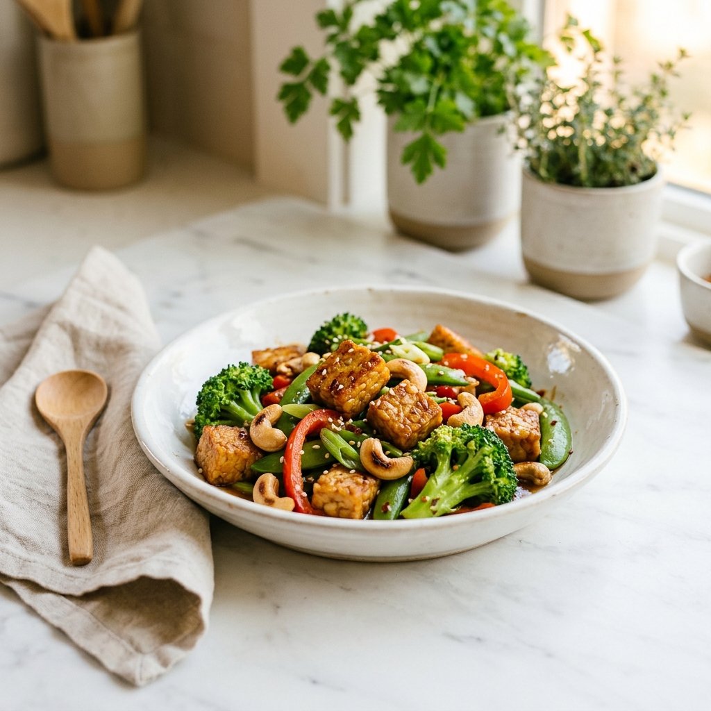 A plate of tempeh stir-fry with broccoli and cashews on a white marble surface, accompanied by a wooden spoon and a linen napkin.