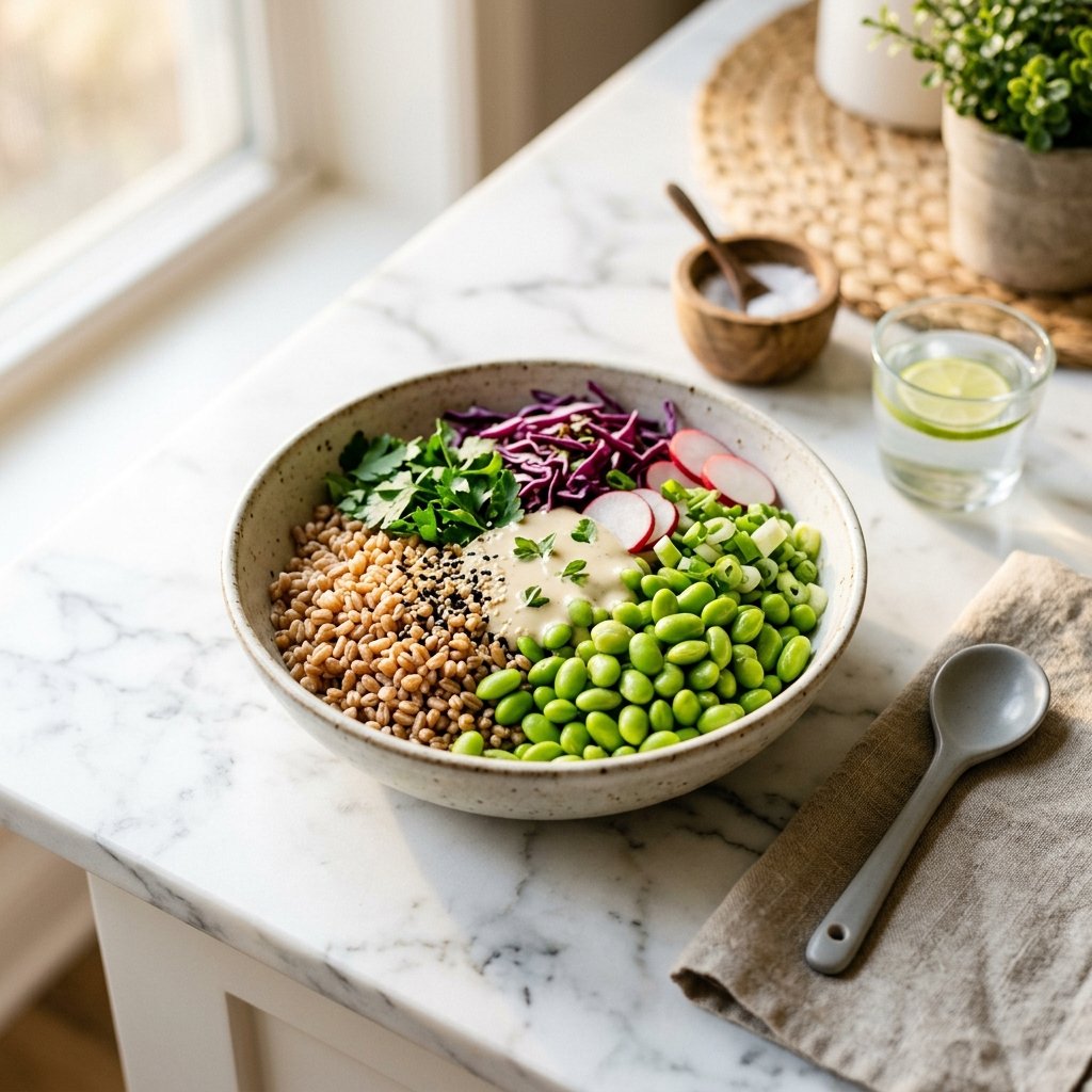 A bowl of edamame and farro grain salad on a white marble surface with natural lighting.