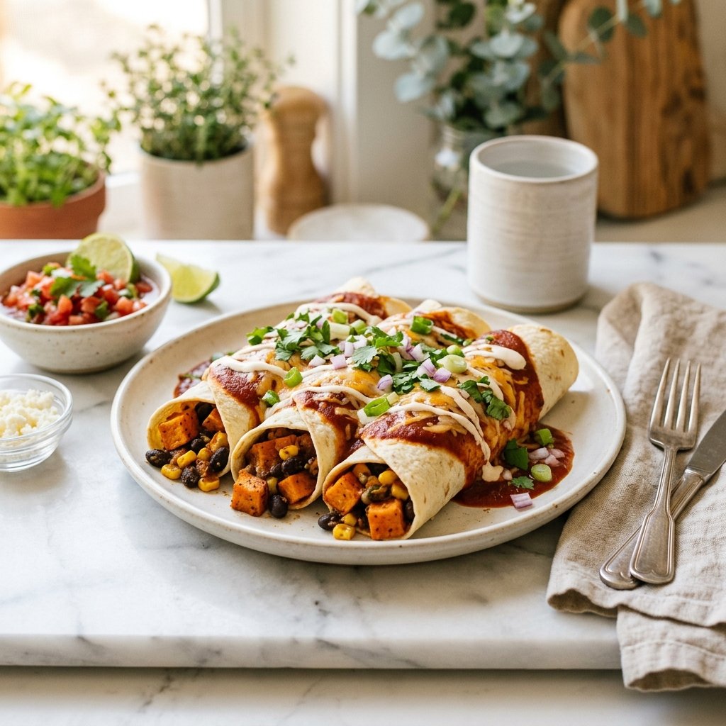 A plate of black bean and sweet potato enchiladas on a white marble surface, accompanied by a small bowl of salsa and a linen napkin.