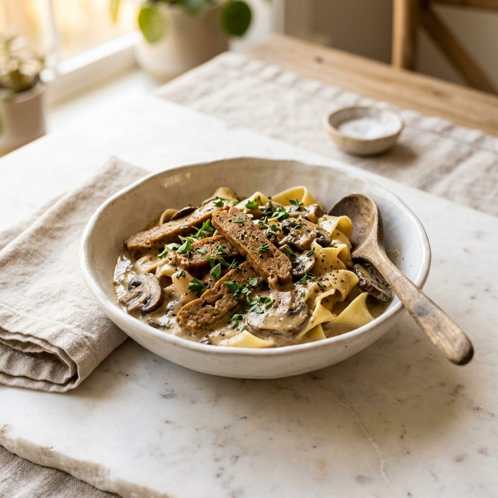 A bowl of seitan and mushroom stroganoff on a white marble surface with a linen napkin and wooden spoon nearby.