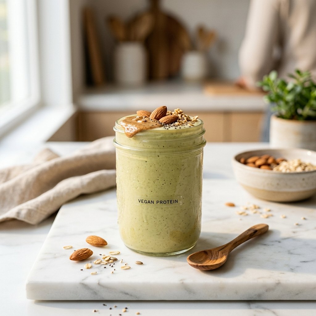 A glass jar of pea protein smoothie topped with almond butter and whole almonds on a white marble surface with a wooden spoon and scattered almonds nearby.