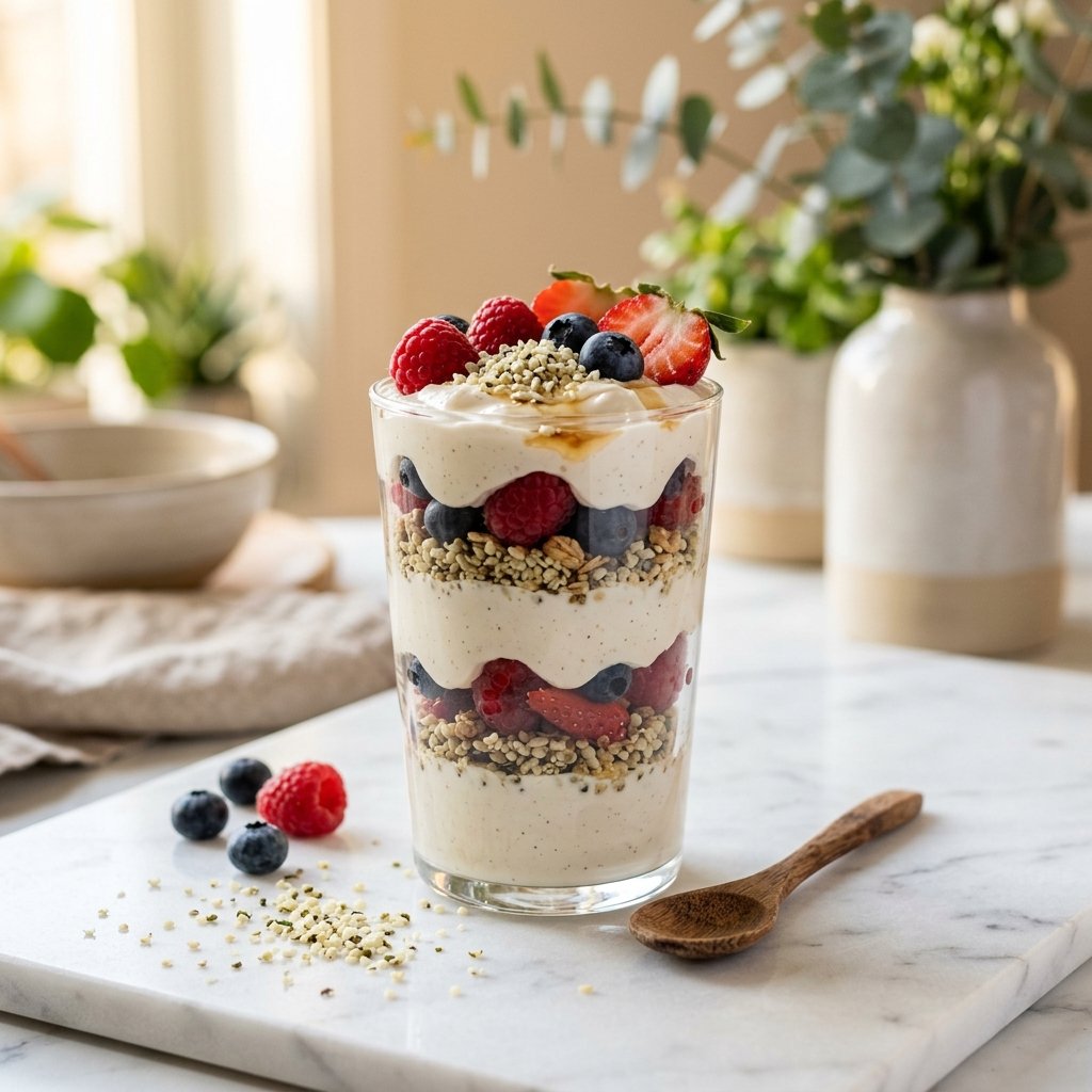 A glass of Greek-style plant yogurt parfait layered with berries and hemp hearts on a white marble surface with a wooden spoon nearby.