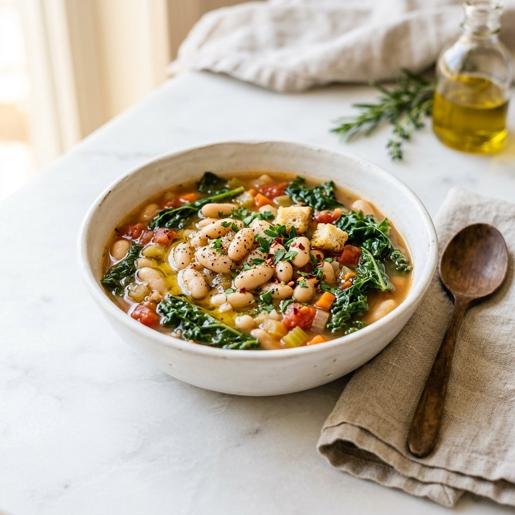 A bowl of white bean and kale stew on a white marble surface with a wooden spoon and a linen napkin nearby.