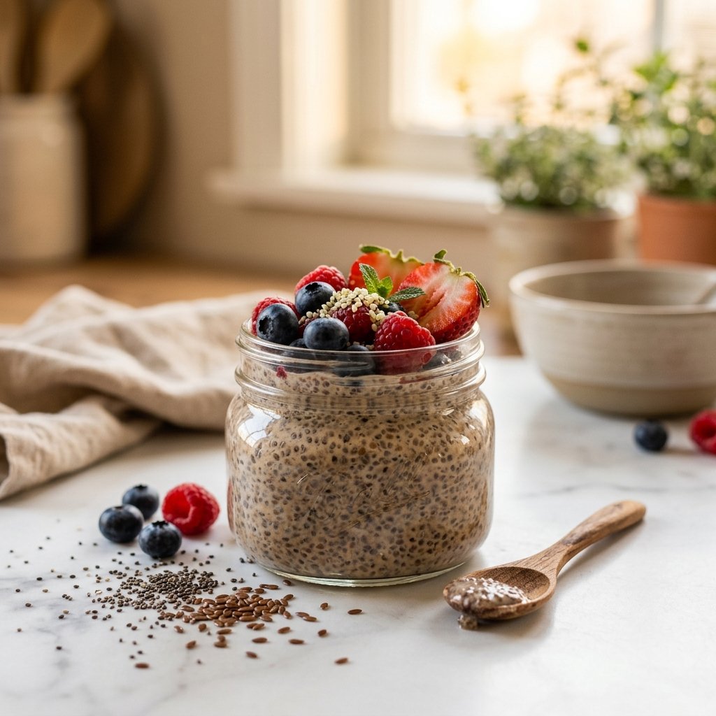 A glass jar of chia and flaxseed protein pudding topped with fresh berries on a white marble surface with a wooden spoon nearby.