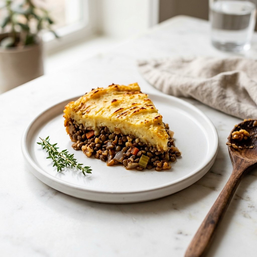 A plated smoky lentil and walnut shepherd’s pie on a white marble surface with a sprig of thyme and a wooden spoon nearby.