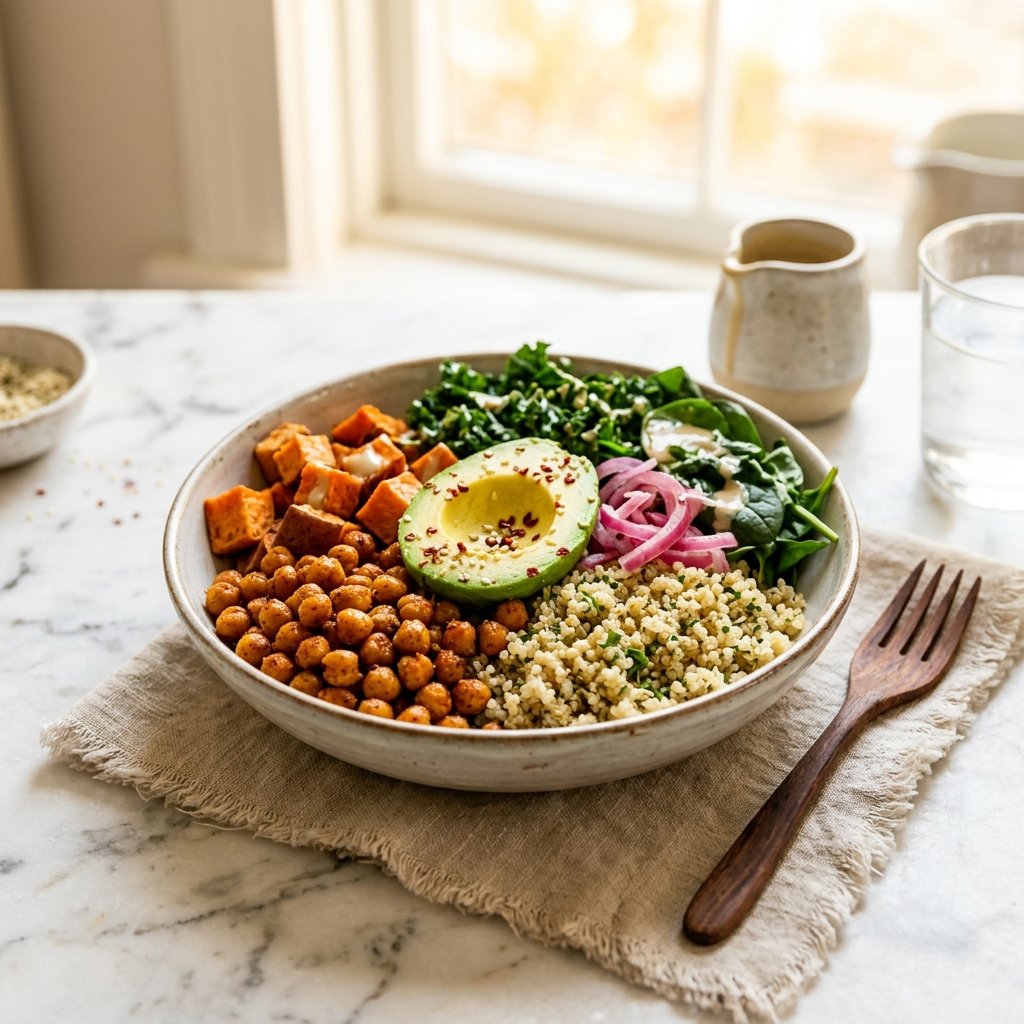 A plated plant-based meal with quinoa, chickpeas, leafy greens, roasted sweet potatoes, and avocado on a white marble surface with natural lighting.