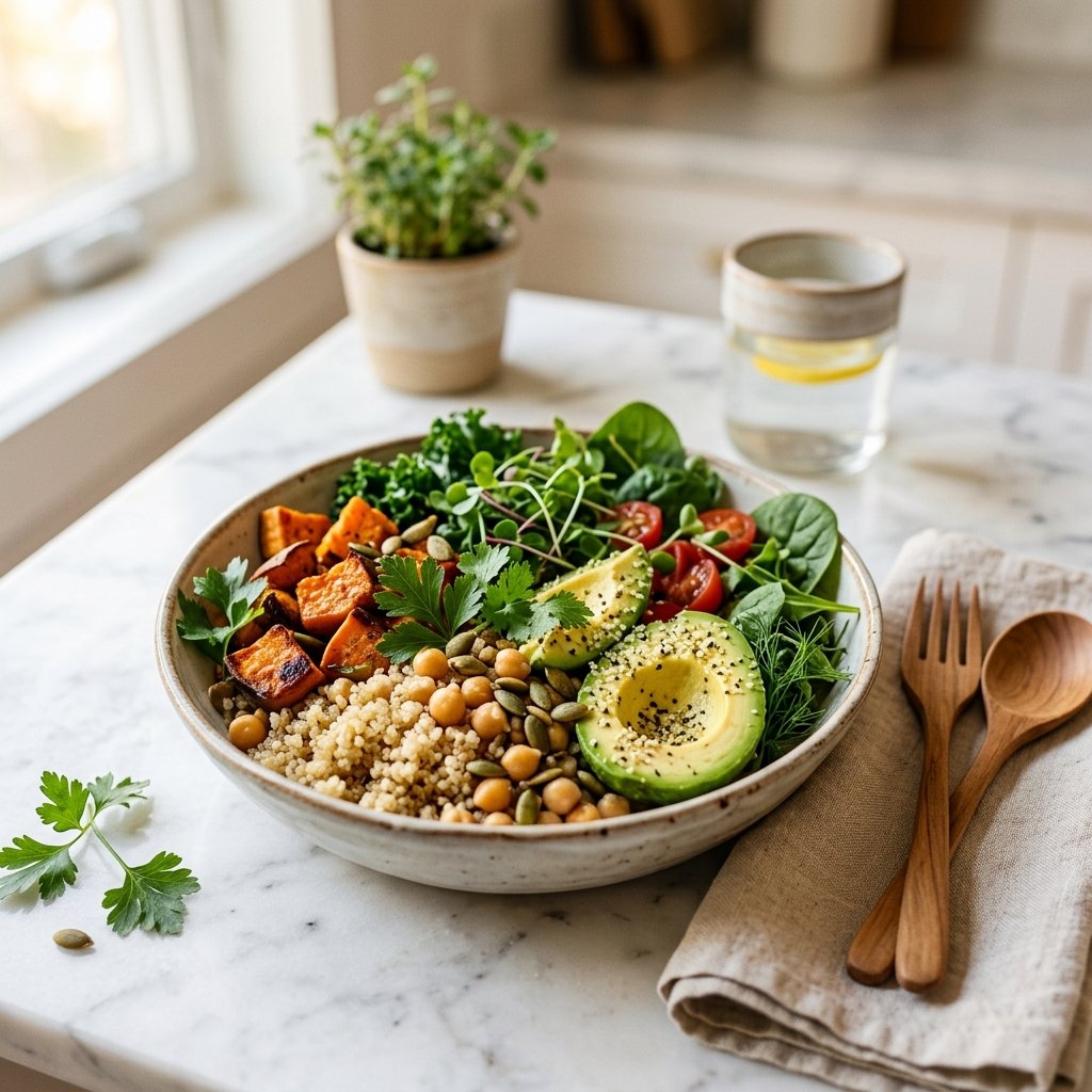 A plated plant-based high-protein meal with quinoa, chickpeas, leafy greens, roasted sweet potatoes, and avocado on a white marble surface.