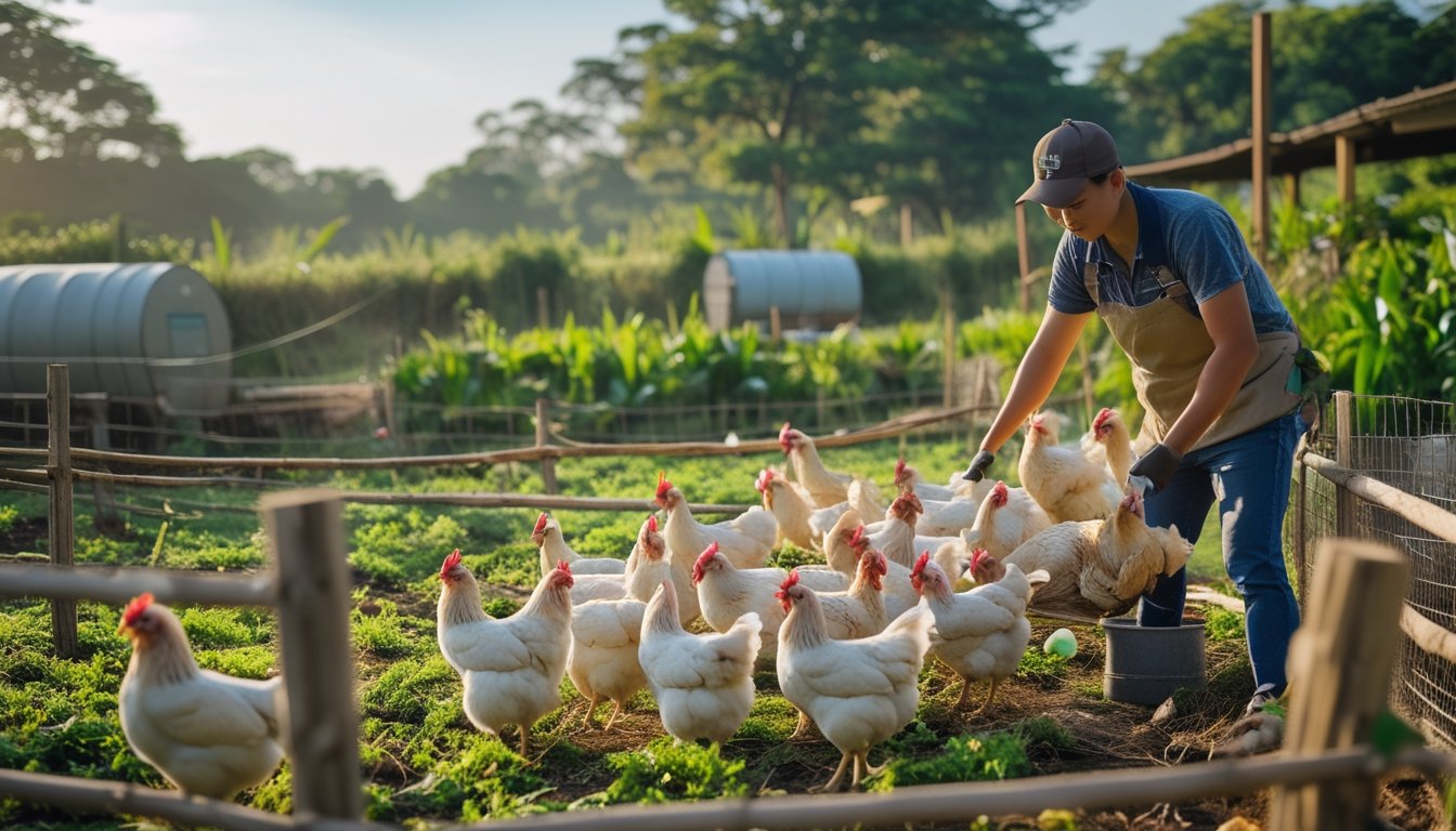 Seorang petani muda merawat ayam kampung di kandang terbuka di lahan pertanian dengan latar belakang tanaman hijau dan langit biru.