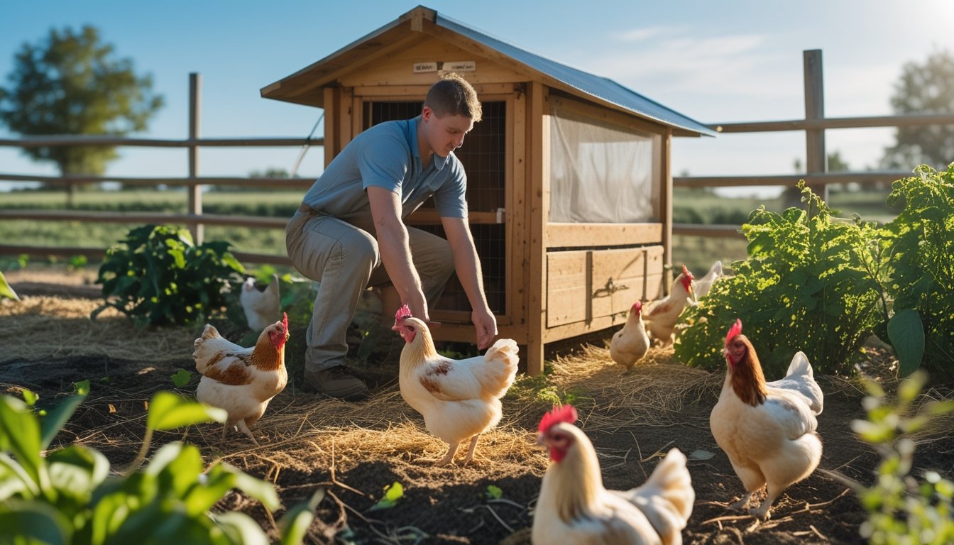Seorang petani muda sedang menyiapkan kandang ayam kampung di lahan pertanian dengan ayam berkeliaran di sekitar.