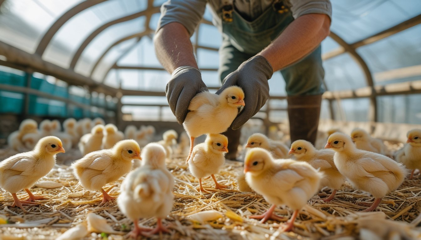Seorang petani sedang memegang anak ayam kampung yang sehat di dalam kandang ayam yang bersih dan terang.