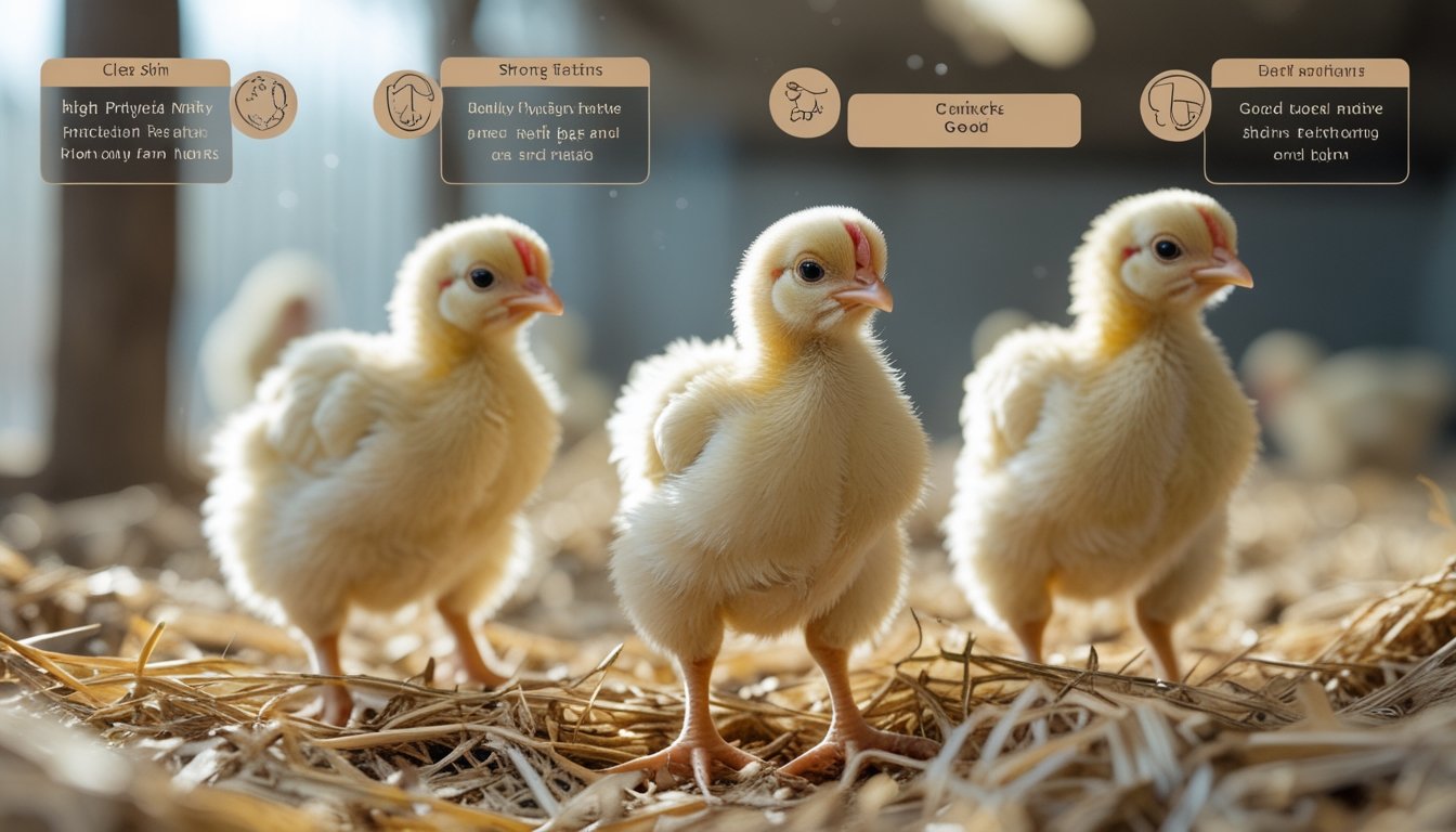 Beberapa anak ayam kampung yang sehat dan aktif di dalam kandang dengan alas jerami.