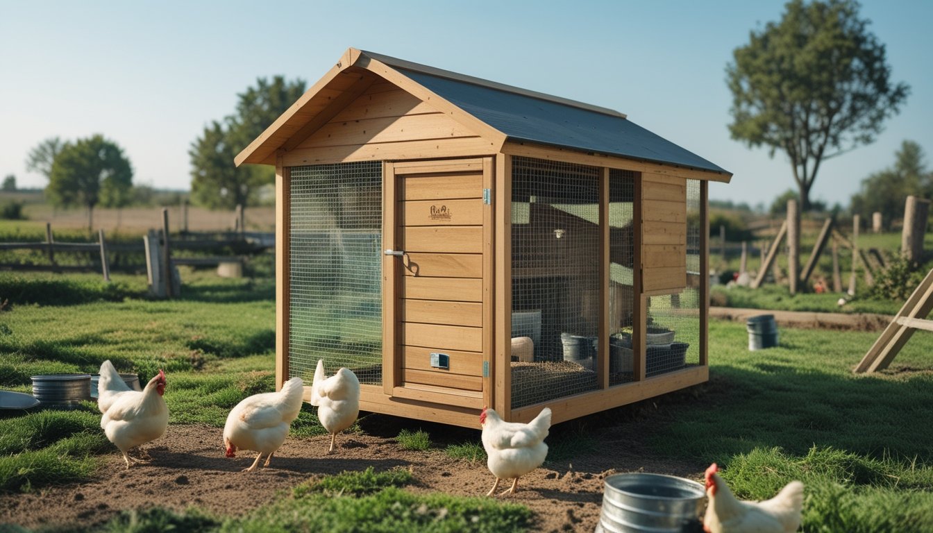 Kandang ayam sederhana yang sehat dan hemat biaya di halaman belakang dengan beberapa ayam yang berkeliaran di sekitar.